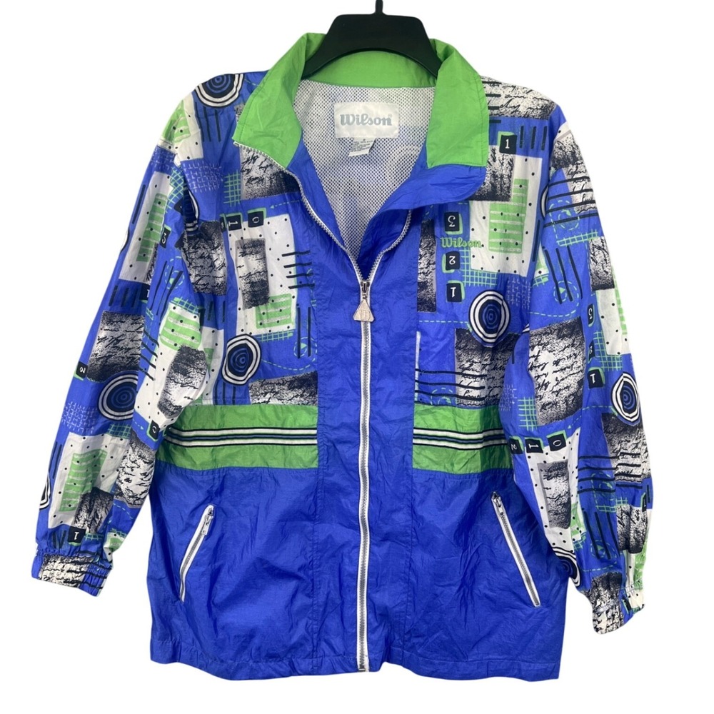 Vintage 90s Wilson Windbreaker Jacket Mens S Blue Green Abstract Retro Sporty